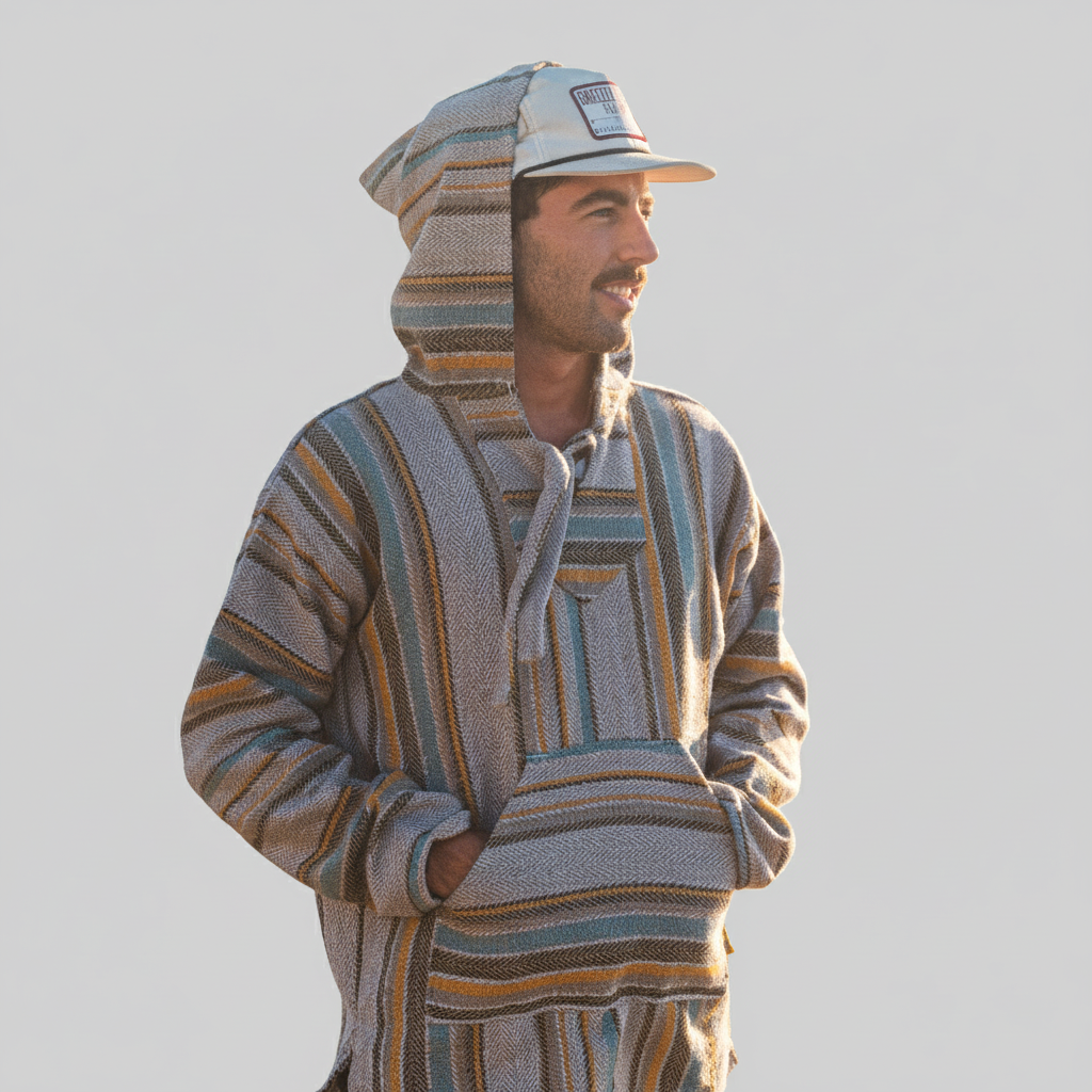 Mexican Poncho Baja Hoodie - Soft Hooded Sweater - Grey Blue